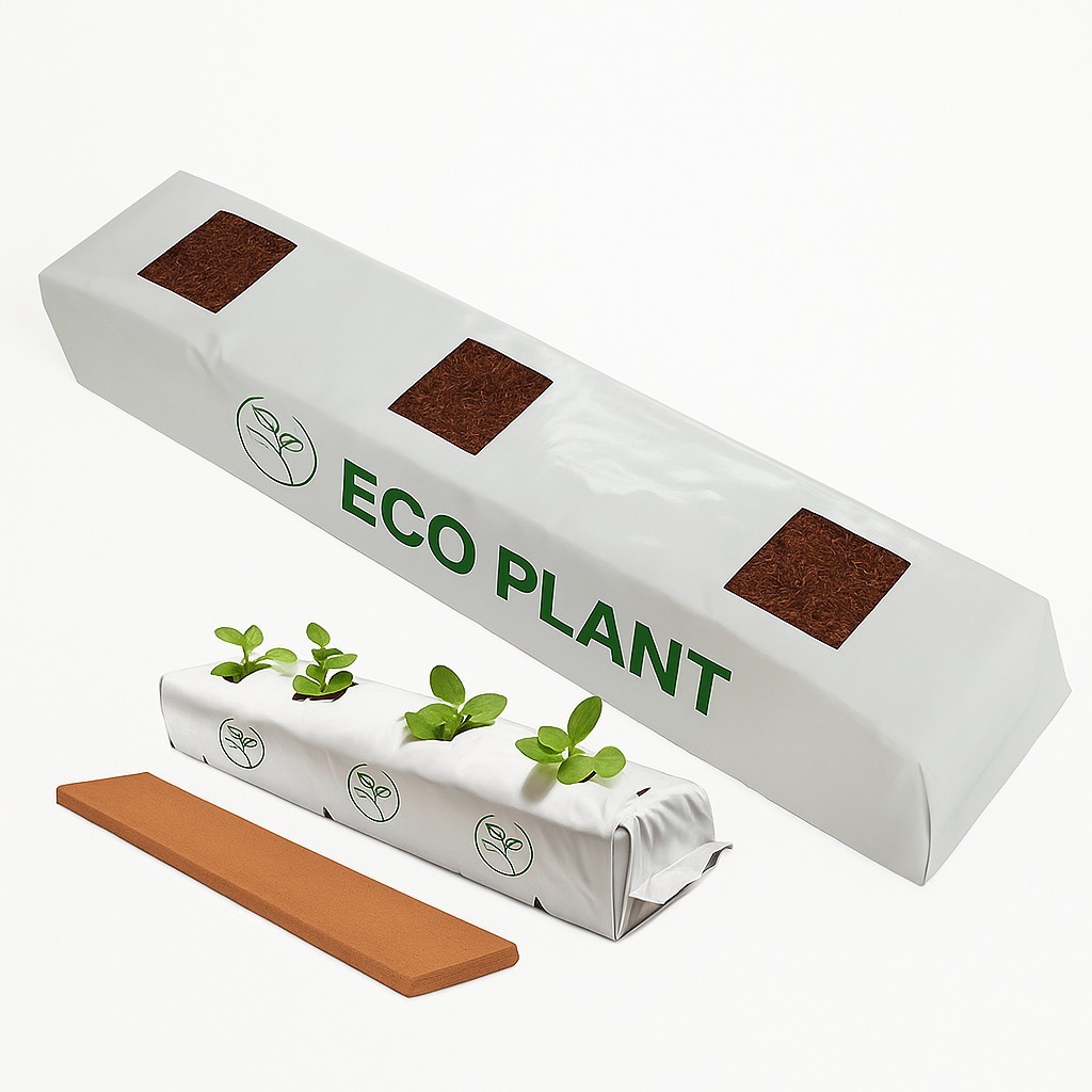 Coco peat grow bags in automated greenhouse